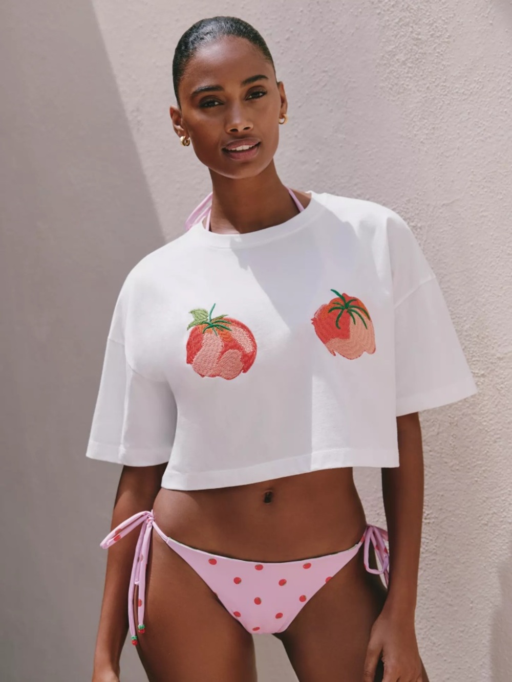 Anthropologie SIGAL x Anthropologie Tomato Embroidered Tee Cropped Coverup Top
